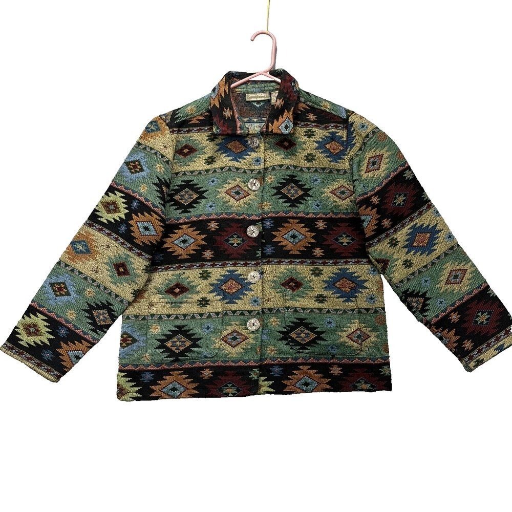 Jane Ashley Tapestry Jacket‎ Womens M Southwestern Aztec Native Metal Buttons
